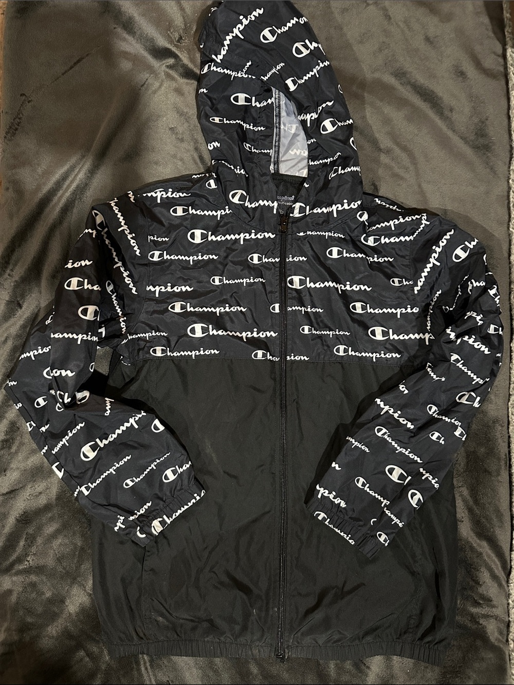Champion Black and White Logo-Print Hooded Windbreaker